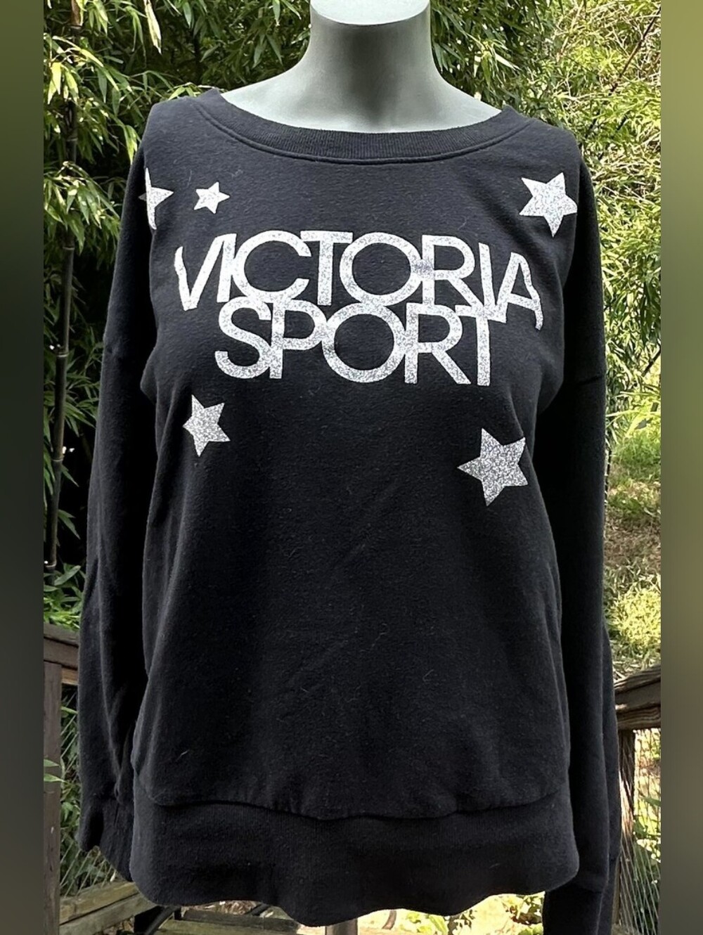 Victoria Sport Off The Shoulder Sweater with Silver Glitter Logo Stars Sz XL